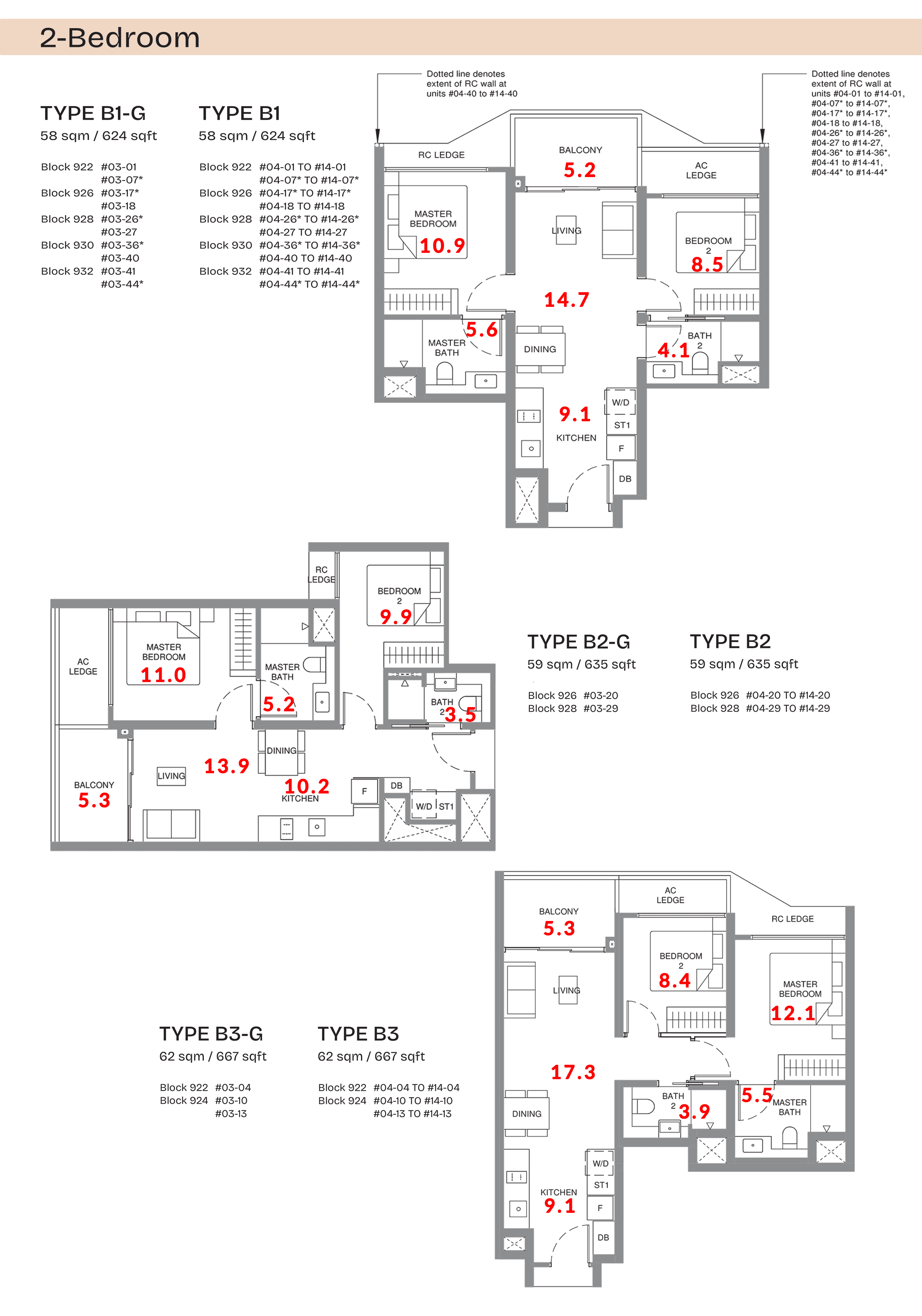 2 Bedroom floor plan - 58-62 sqm / 624-667 sqft