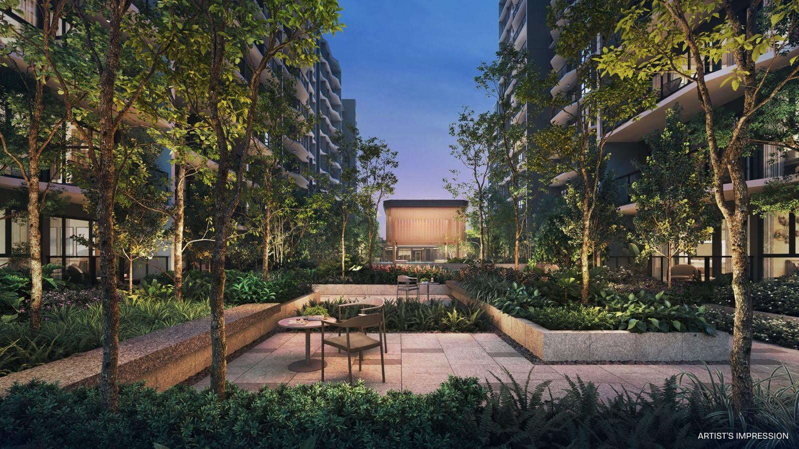 Lush garden courtyard with seating areas between residential blocks at Pinery Residences
