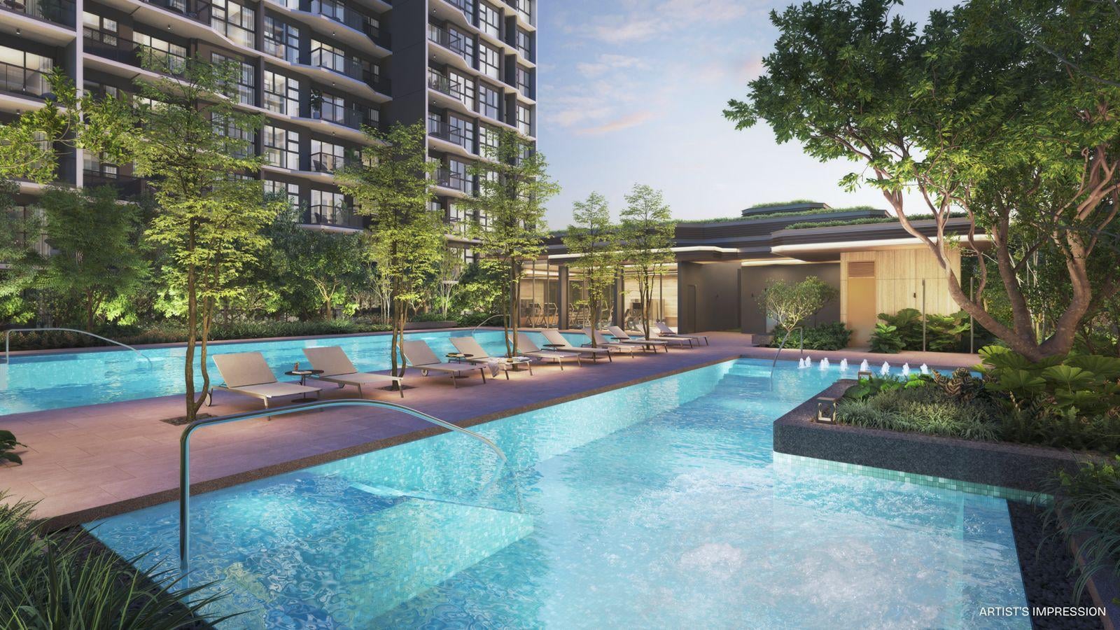 Swimming pool surrounded by lush greenery and nature landscaping at Pinery Residences